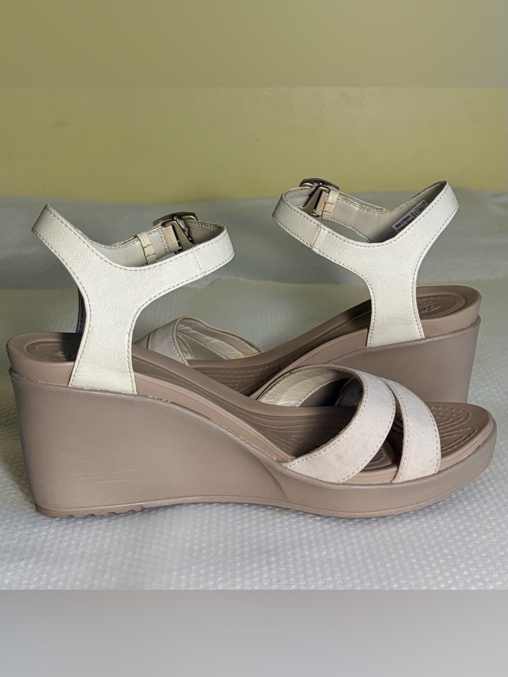 CROCS Women's White and Taupe Wedge Sandals with Ankle Strap